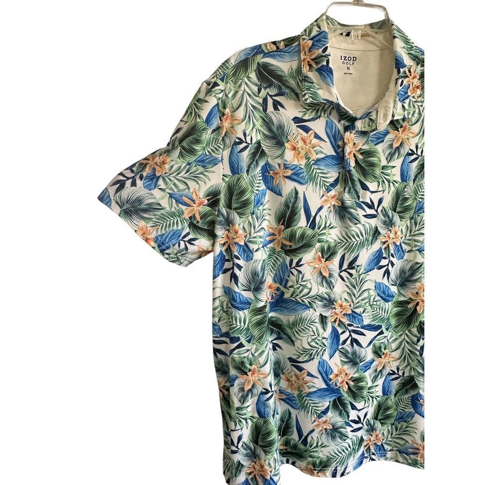 IZOD Golf Mens XL‎ Tropical Floral Palm Print Performance Polo Shirt Blue Green - Picture 2 of 7